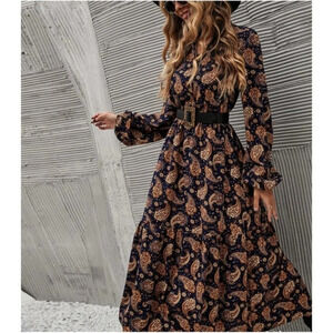 Boho Black Paisley Print Ruffle Midi Dress